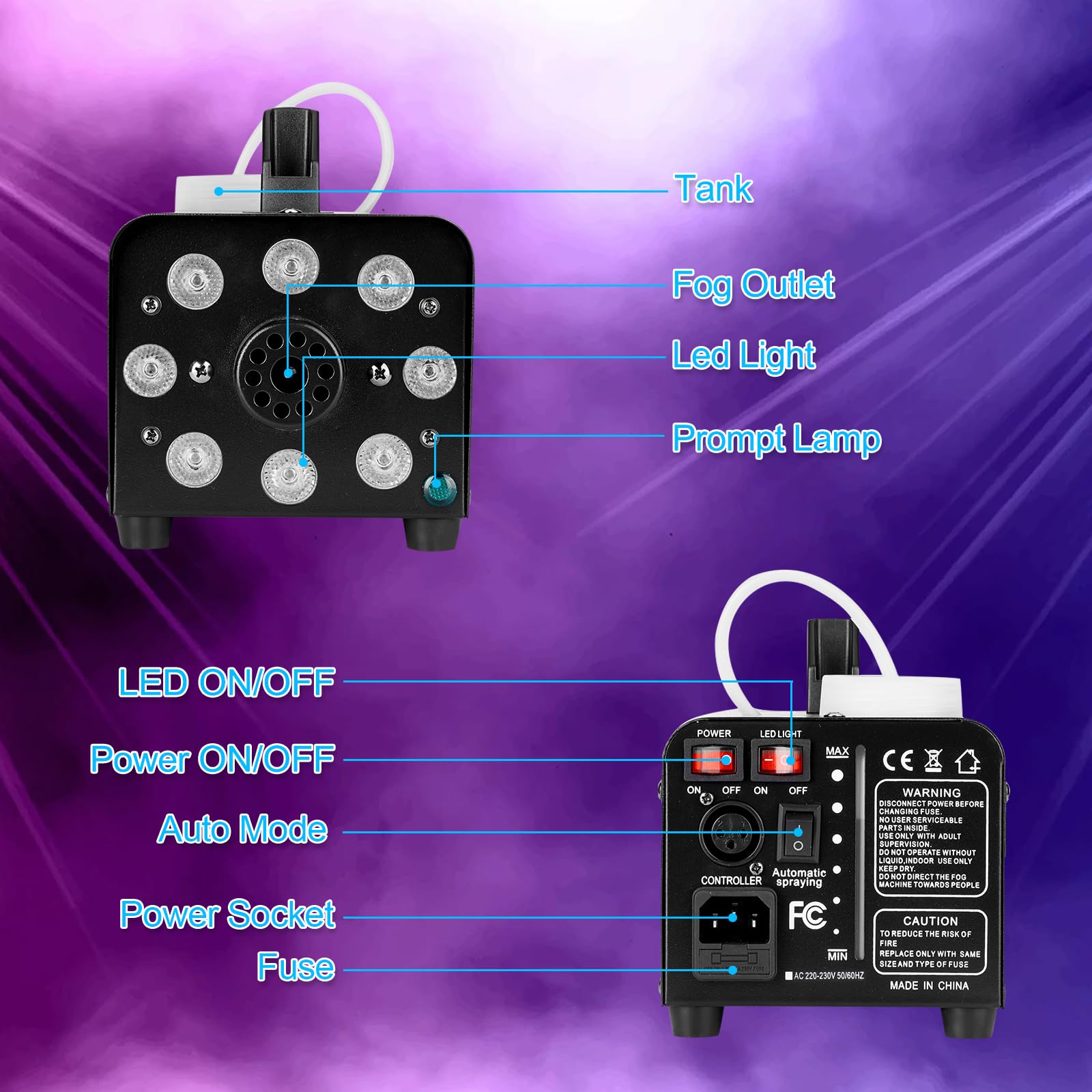 Machine à fumée avec télécommande sans fil & LED lumière couleur activée, facilement transportable et resistante. Idéal pour Halloween, Noël, mariages, spectacles sur scène etc