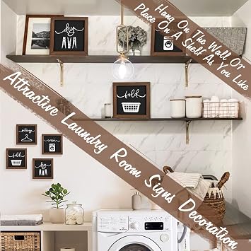 Laundry Room Decor for Wall Farmhouse Signs Set of 4 Wash Dry Fold Put Away Rustic Decor for Laundry Room Shelf Laundry Wall Decor with Wood Frame Decorative Room Sign 8''x 8''