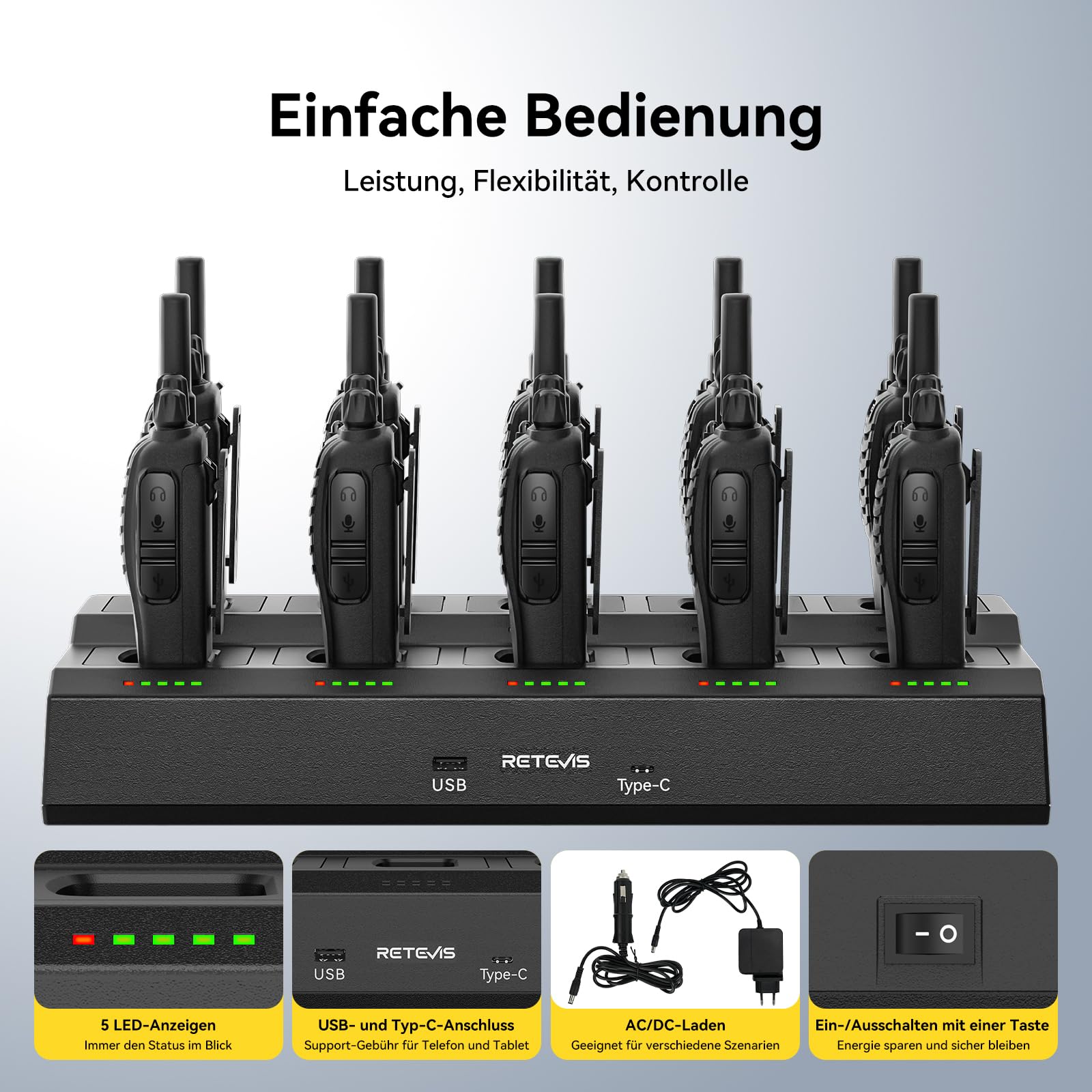 Retevis H777 Walkie Talkie Professionali, Ricetrasmittenti PMR446 con Caricatore a 10 Vie, PMR446 Radio Bidirezionale Senza Licenza, Radio con Cuffia per Commercio e Sicurezza (10 Pezzi, Nero)