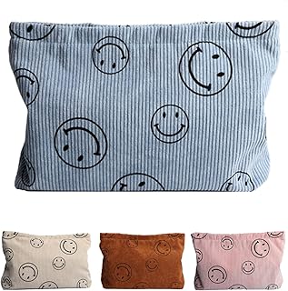 Makeup Bag, Cosmetic Bag for Travel - Makeup Pouch for Women, Small Corduroy Smiley Face Makeup Bags - Cosmetic Travel Bags with Quilted - Blue