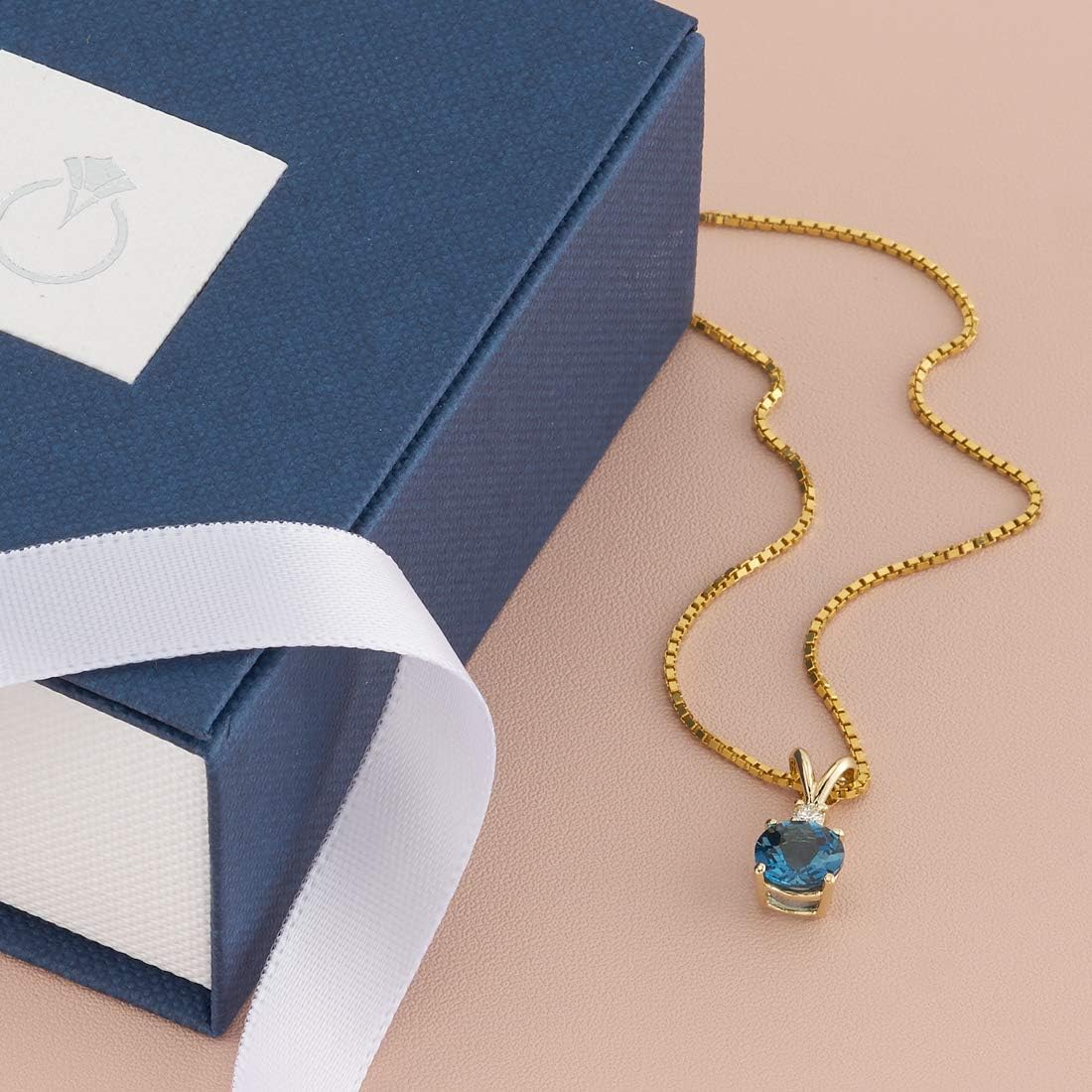 PEORA 14K Yellow Gold London Blue Topaz and Diamond Pendant, Genuine Gemstone Solitaire, Round Shape, 6.50mm, 1.30 Carats total, December Birthstone Necklace, Gold Necklace, w/Jewelry Box