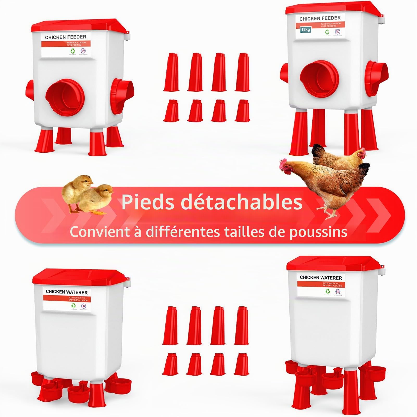 Mangeoire Poules Anti Nuisible Poule, 12kg Mangeoire et Abreuvoir 11L pour Poulet, Sans Déchets et Abreuvoirs à Volaille, Jusqu'à 20 poussins et 12 poulets Adultes