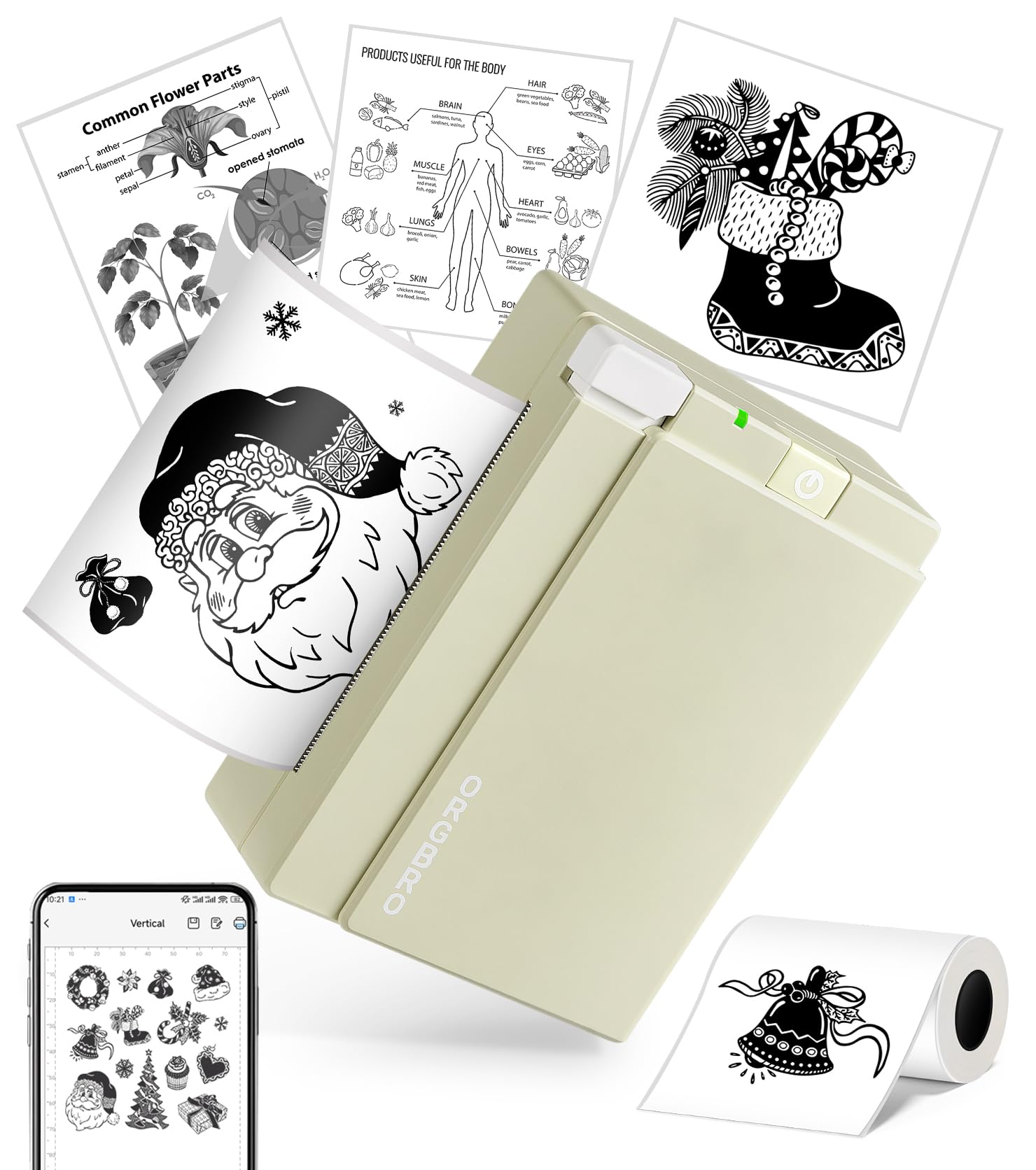 ORGBRO X3 Stampante Termica Bluetooth, Mini Stampante Portatile Senza Fili per Casa/Ufficio/Viaggi, Appunti, Foto, Etichette, Planner, 300DPI Stampante Adesivi per Smartphone-iOS/Android (Verde oliva)