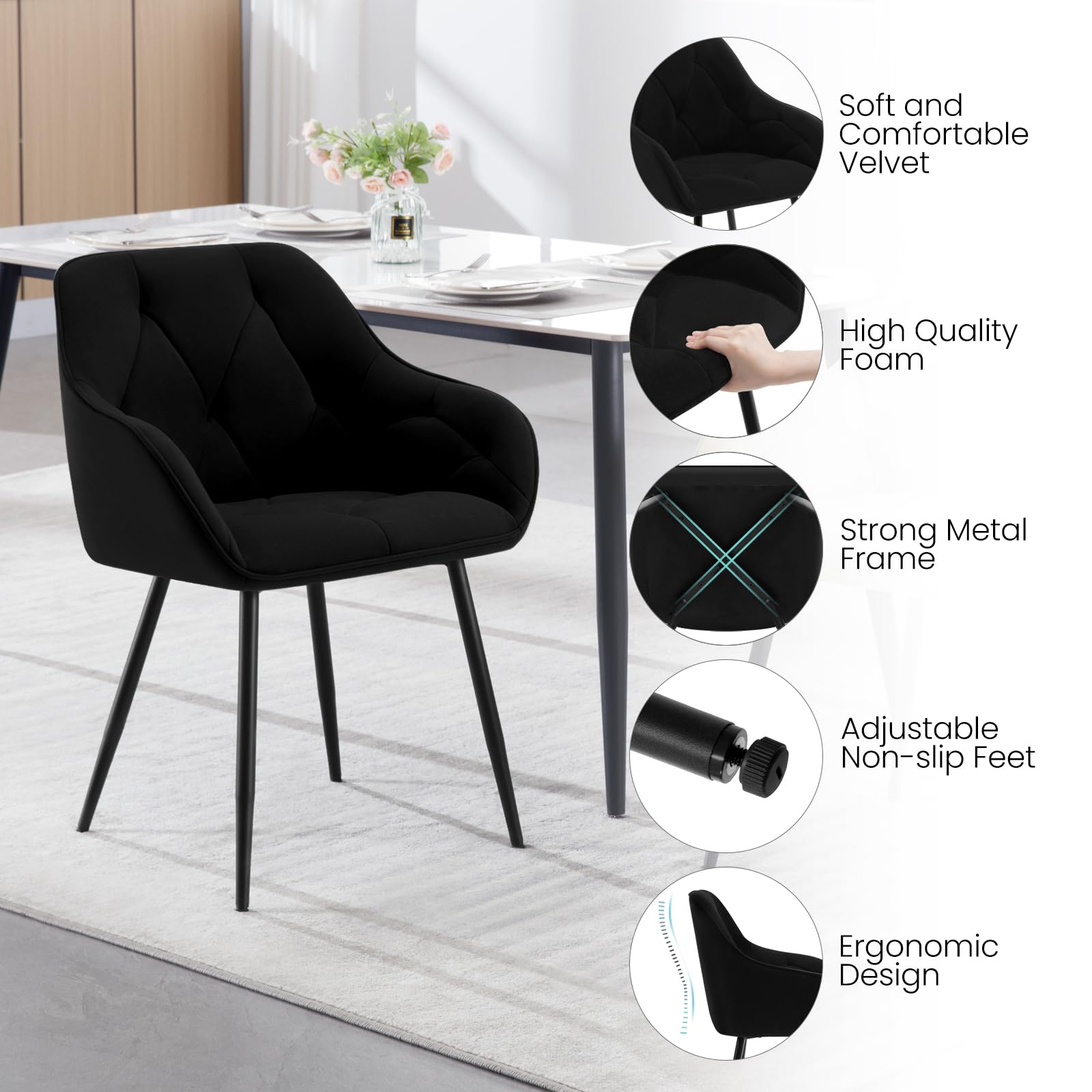 WOLTU Set di 6 Sedie da Pranzo con Braccioli e Schienale, Sedie Cucina Moderna in Velluto, Poltrone da Salotto con Gambe in Metallo, Sedie ergonomiche per Ufficio, Bar, Nero,