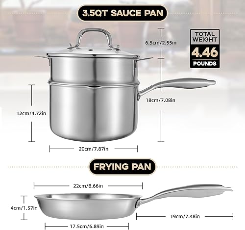 Miniatura 5 de Leetaltree Juego de utensilios de cocina de acero inoxidable de 3 capas, cacerola de 3.5 cuartos de galón con cesta de vapor y sartén de 7 pulgadas,