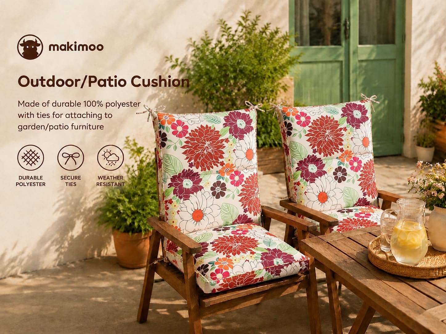 Set of 2 Outdoor Dining Chair Cushions, Comfort Patio Seating Cushions, 44 x21x4.5 inch, Single Welt and Zipper (Blooming Fiesta)