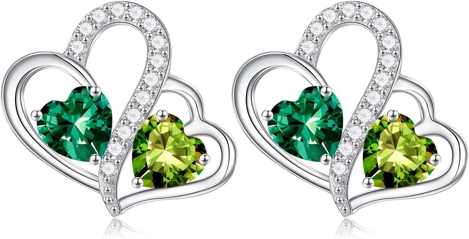 Iefil Earrings for women - Birthstone Earring for Women, 925 Sterling Silver Double Heart Birthstone Earrings | Anniversary Birthday Gifts for Women, Personalized Jewelry for Wife Mom