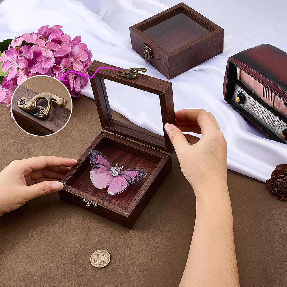 FINGERINSPIRE 2 Pcs Shadow Box Frame Case 4.7x4.7x1.9 Inch Wooden Case Compact Keepsake Organizer with 4"/10.2cm Display Window Coconut Brown Natural Finish Memory Preservation Box for Collectibles image 3