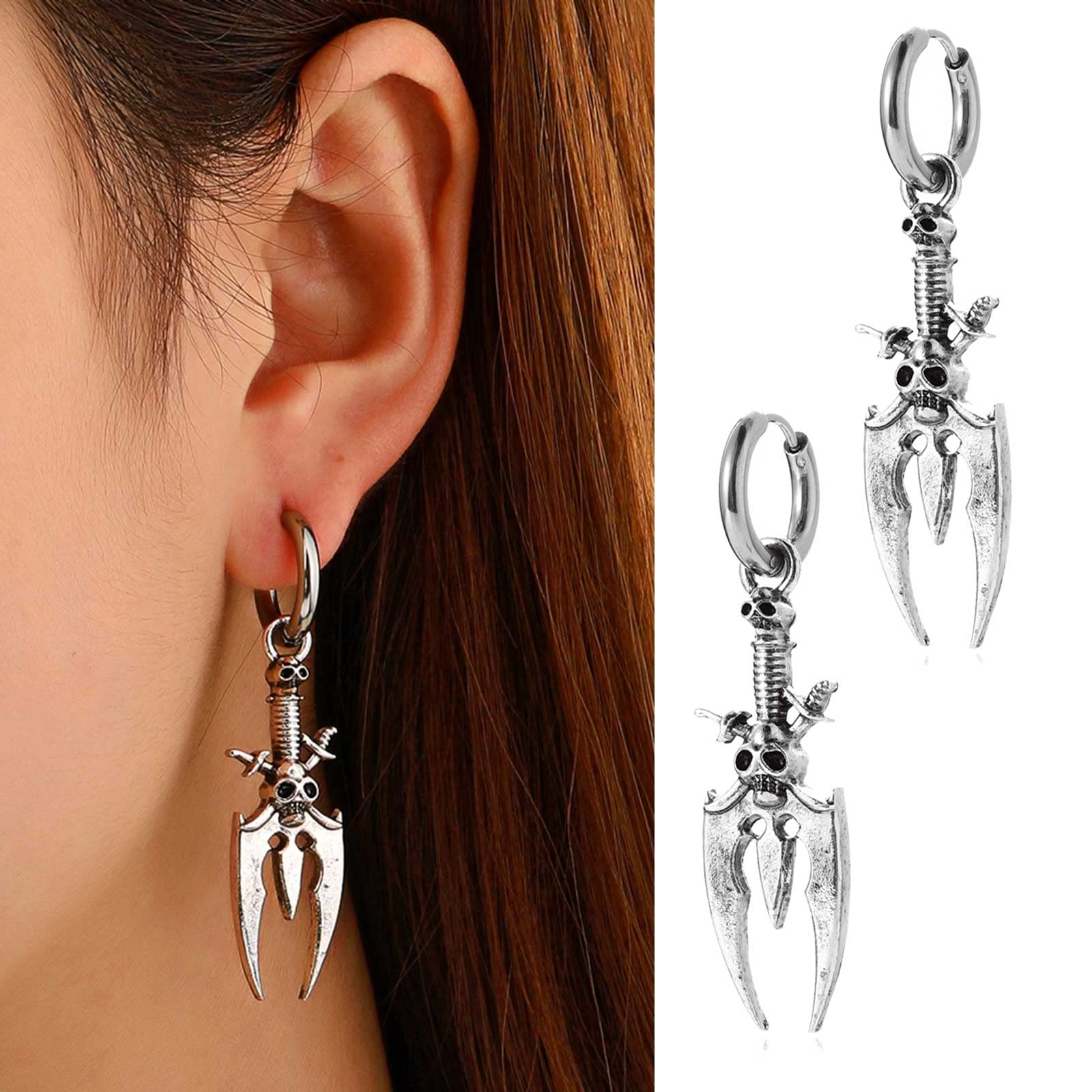 Boucles D'Oreilles Crâne Punk Et Gothique – Tête De Mort En Métal, Bijou Accessoire Costume Halloween, Cadeau Femme Anniversaire Noël