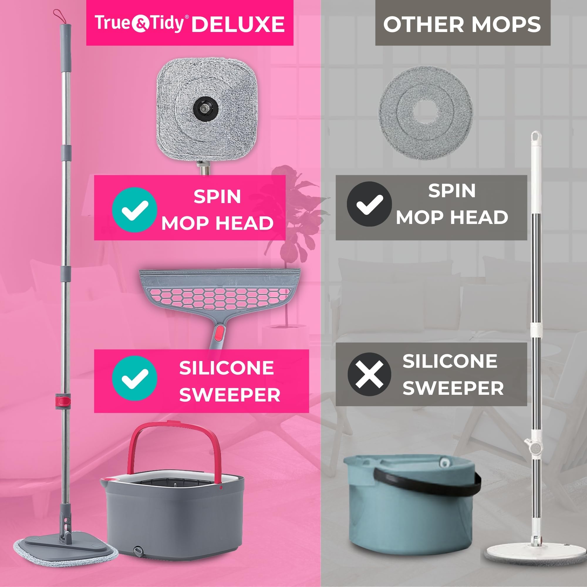 Mopa giratoria Cuadrada Resistente para Limpieza de Suelos, Compartimento Separado para Agua Limpia y Sucia, Utiliza Cualquier solución de Limpieza, autolimpieza, Almohadillas Lavables a máquina