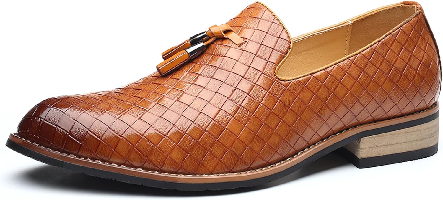 Men's Woven Leather Tassel Loafers Fashion Lightweight Slip On Low Block Heel Smoking Slipper Weeding Party Prom Dress Shoes for Men