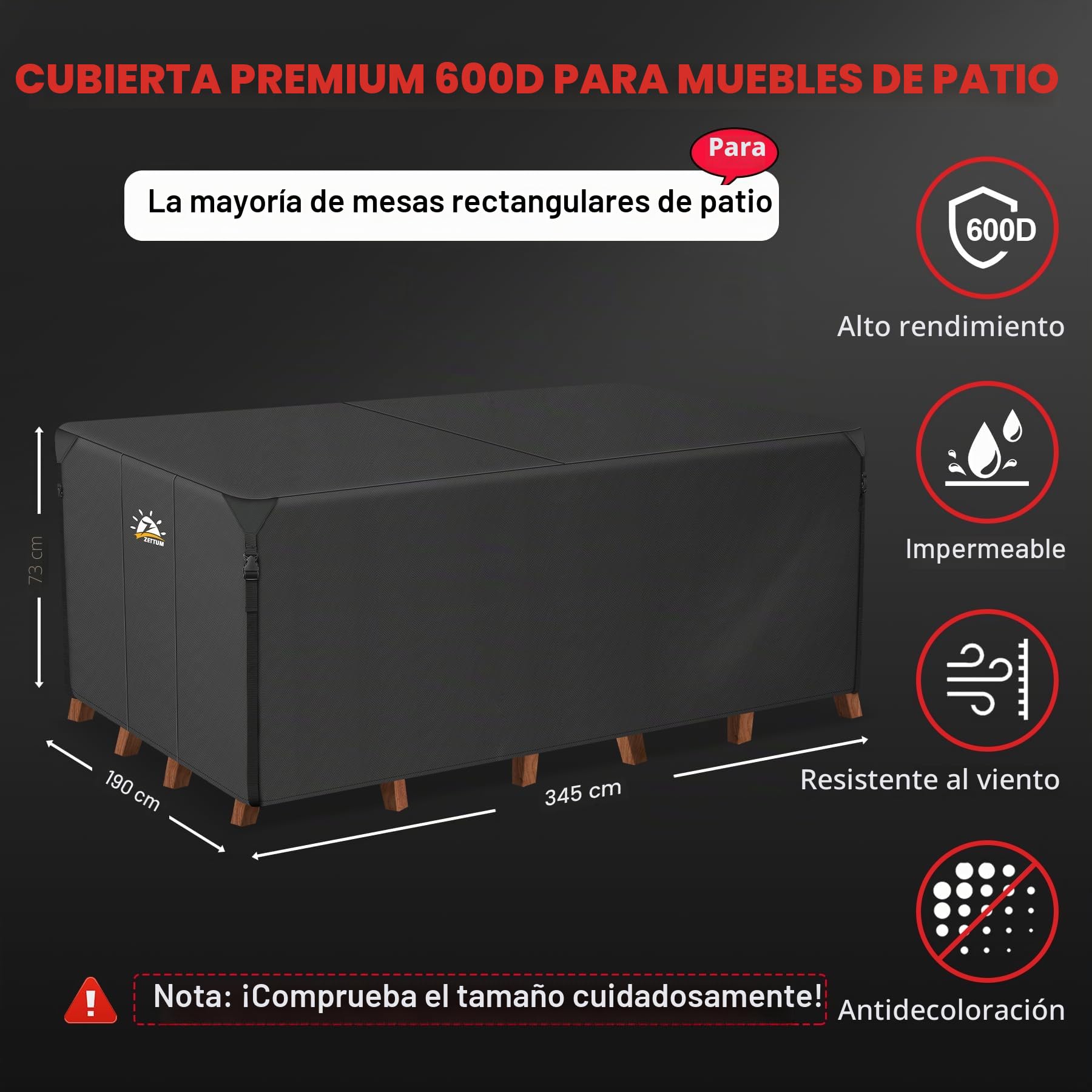 Zettum 345 x 190 x 73 CM Funda para Muebles de Jardín, Impermeable Funda Mesa 600D Oxford en Revestimiento de PU, Tela Protector para Rectangular Mesa Anti Viento Cubierta Mesa Anti-UV