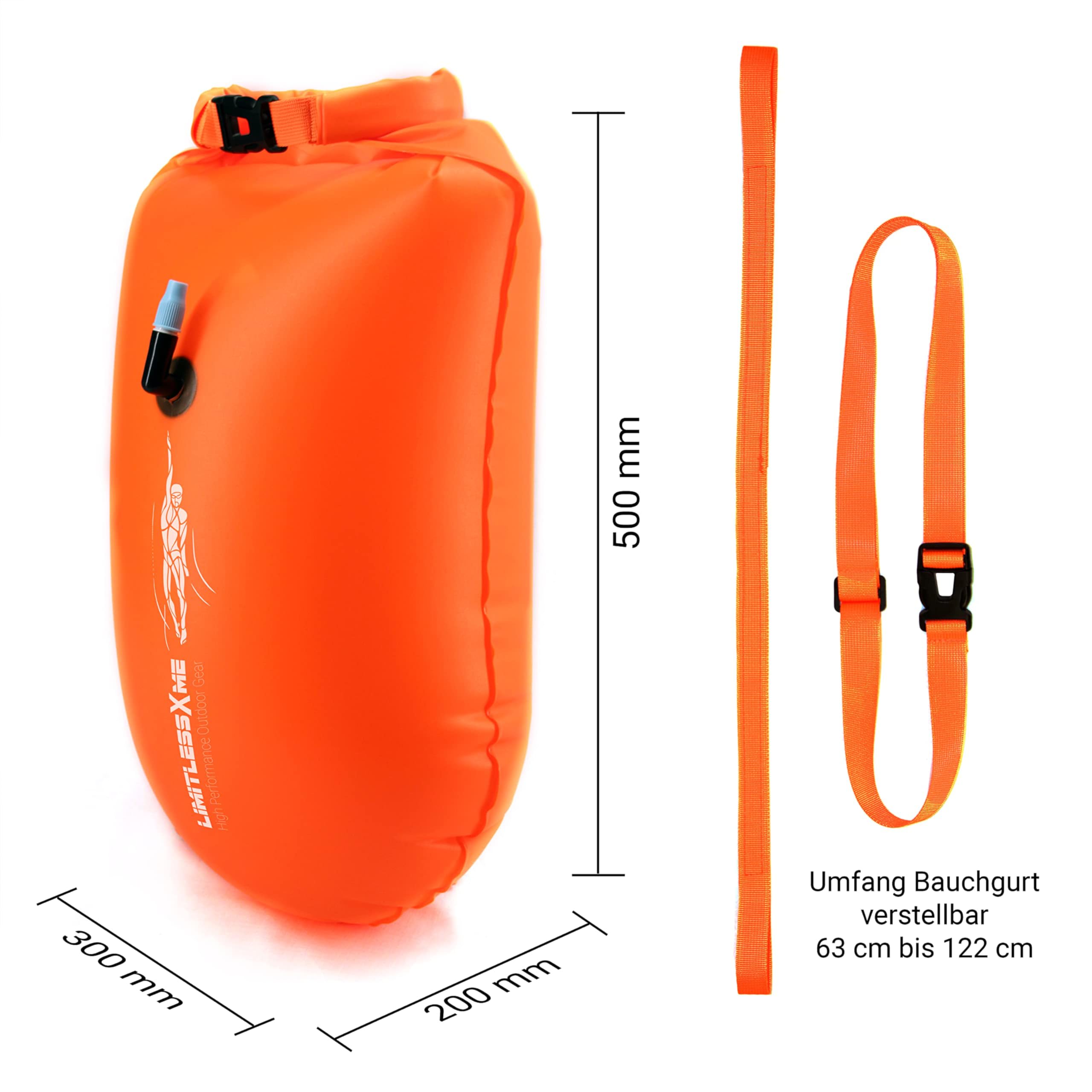 Schwimmboje & Trockensack - 28l Orange. Sicherheit beim Schwimmen, Open Water und Triathlon. Swimming Buoy, Swim Bubble, Schwimm Boj aufblasbar