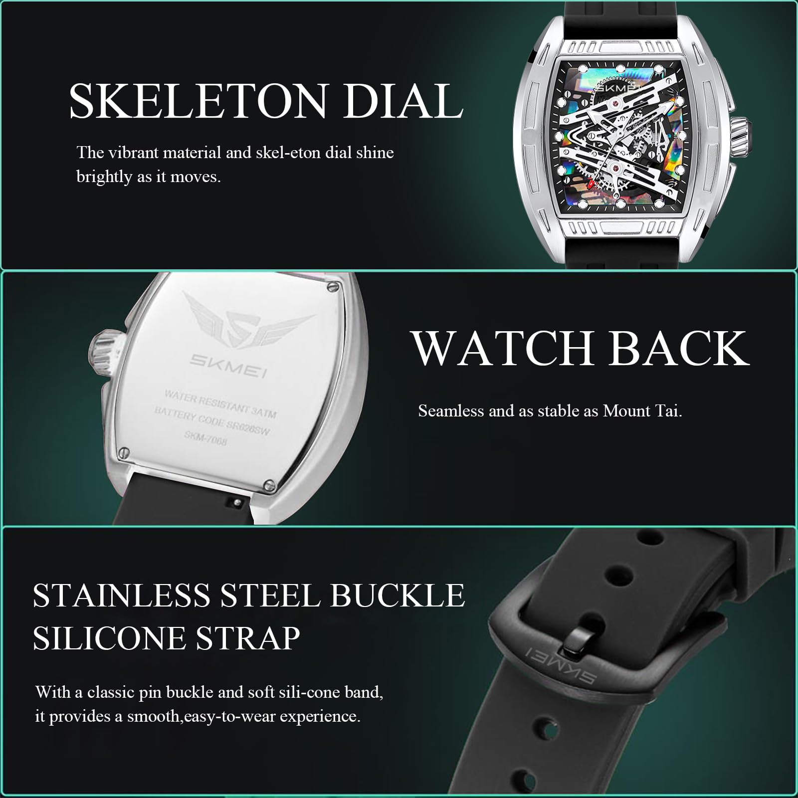 SKMEI Reloj analógico de esqueleto de moda para hombre, de lujo, casual, impermeable, con luminoso