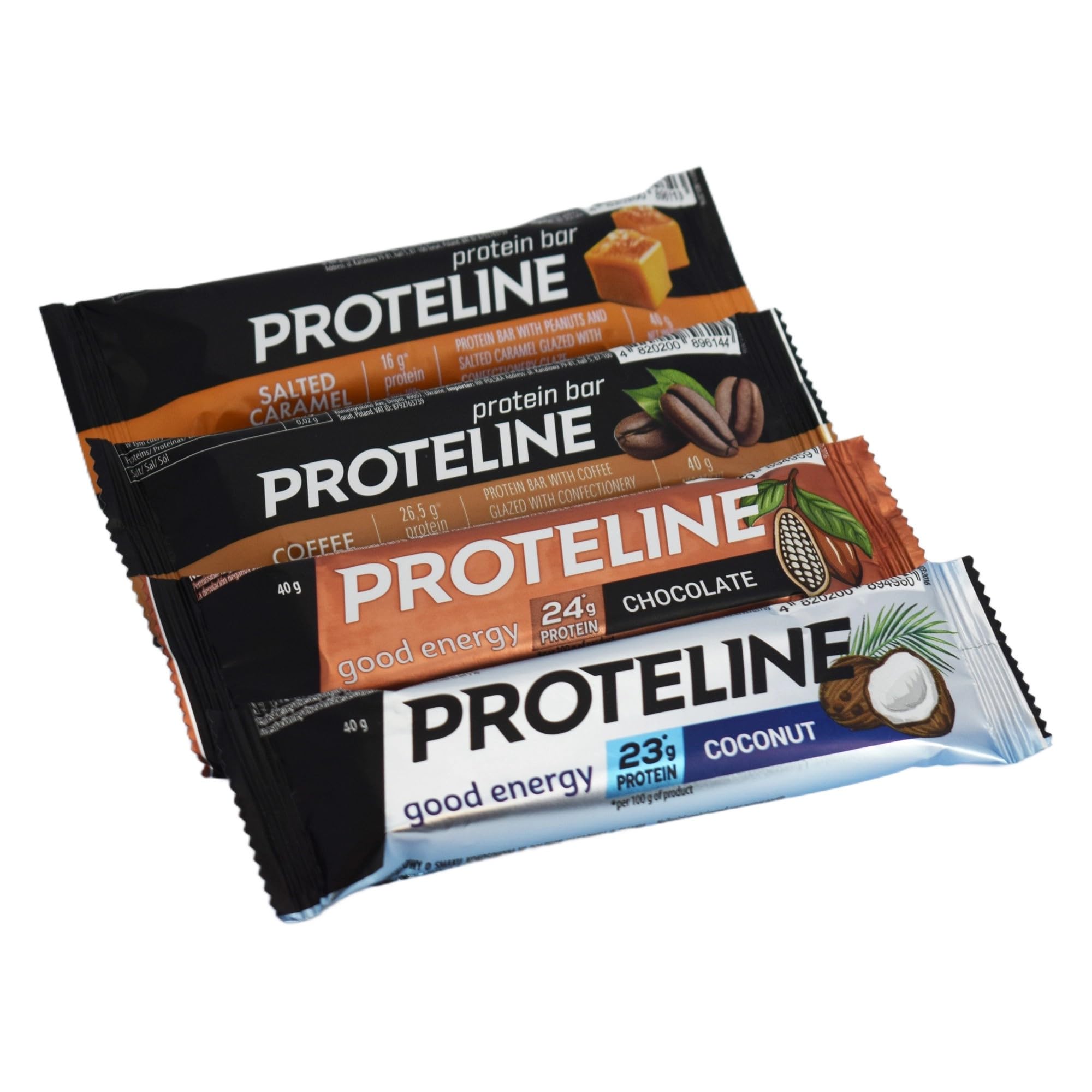 Proteinriegel MIX – gesalzenes Karamell, Kaffee, Kokos, Schokolade – 24 × 40 g – PROTELINE – 26% Protein