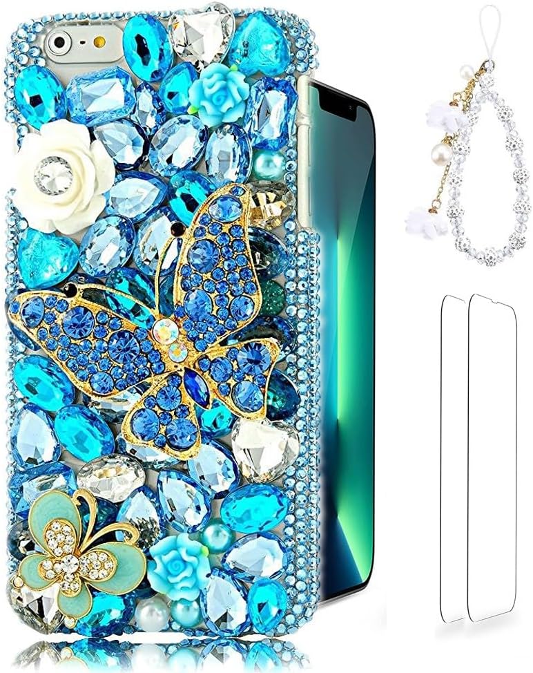 Glitter Design Phone Case for Samsung Galaxy A54 5G - Girls Women 3D Luxury Shiny Bling Protective Cover with Screen Protector, White Floral Pearl Crystal Phone Strap - Blue Butterfly