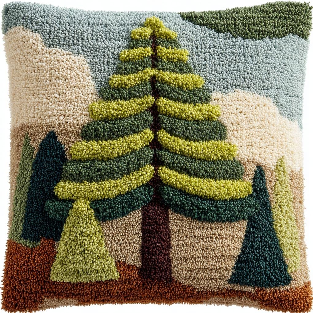 WallustrioaW Latch Hook Cushion Kits for Adults BeginnersPine Tree Landscape,Handmade Crochet Craft Kits Cushion Cover Needlework for Home Decoration,17x17in