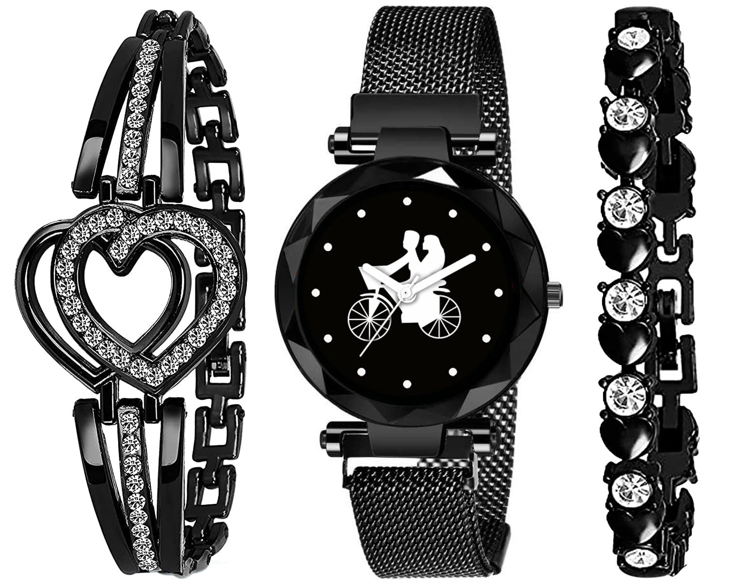 RUSTET Branded Analogue Black Cycle Dial Magnet Watch with Valentine Gift Bracelet for Women or Girls(Combo of 3) (Black3) (B09R7XW3M2) Amazon Price History, Amazon Price Tracker