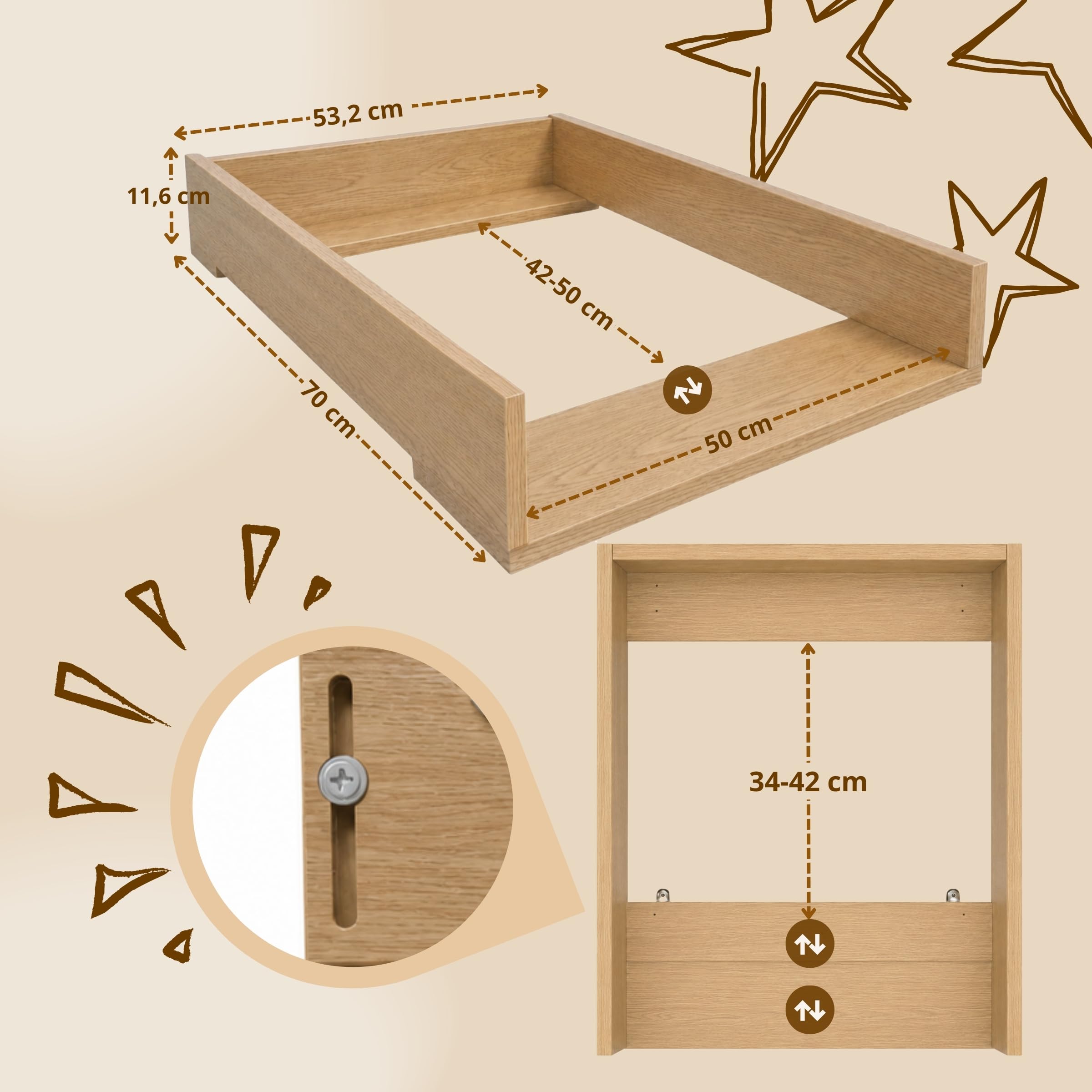 Wickeltischaufsatz, Gerade Seiten, 53,2x70 cm, Eiche | Ausziehbar verstellbar 34–50 cm für verschiedene Kommoden, Wickelkommode, Wickeltisch, Wickelaufsatz für Kommode, Wickelbrett