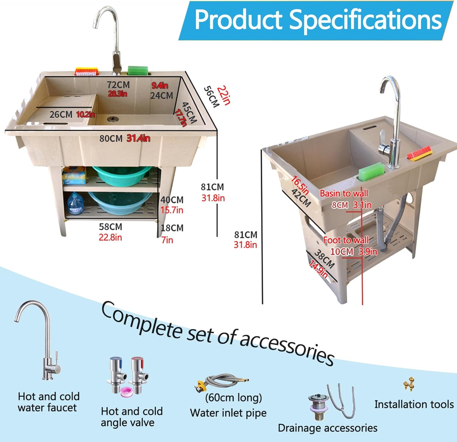 Plastic Laundry & Utility Tubs Sinks with Faucet,Freestanding Indoor Outdoor Sink with Removable Washboard,Drain Ki,Kitchen Sink Wash Basin,for Washing Room,Basement,Garage,Garden,Shop(Blue)