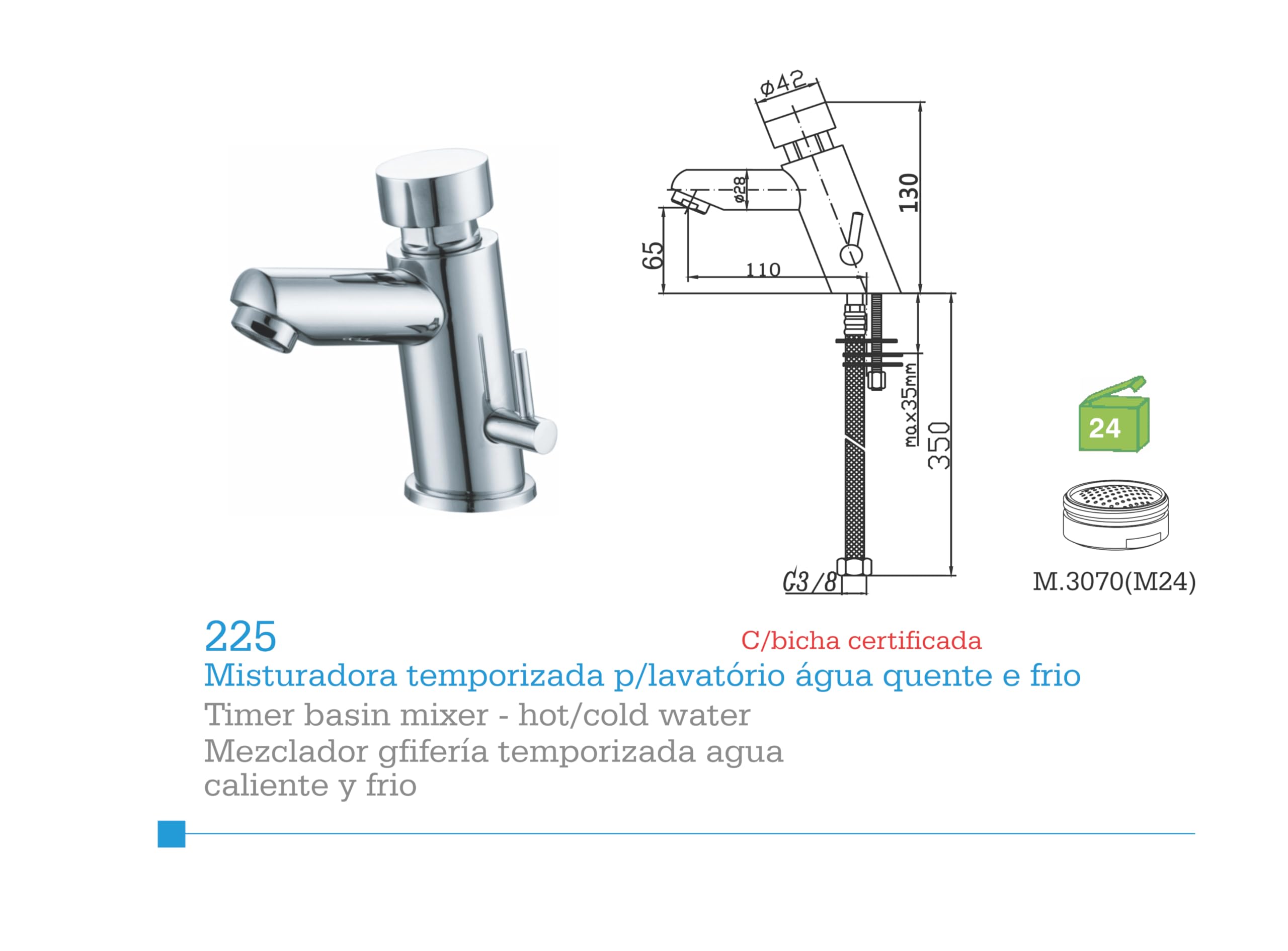 Grifo Temporizado (6 a 8 segundos) para Lavabo con Agua Caliente y Fría Diseño Cromado Moderno - (225)