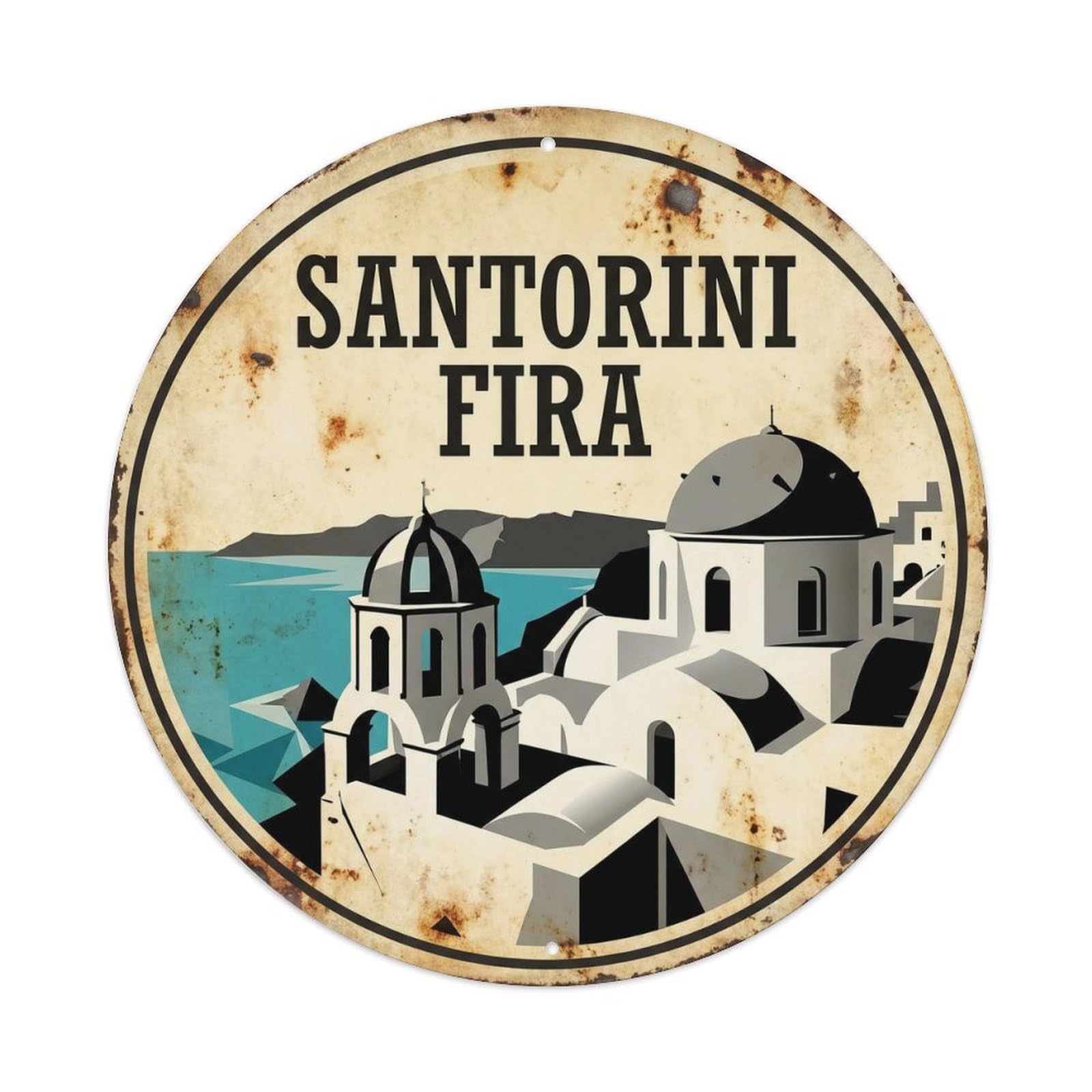 Santorini Fira Island Destination Black White Metal Tin Sign