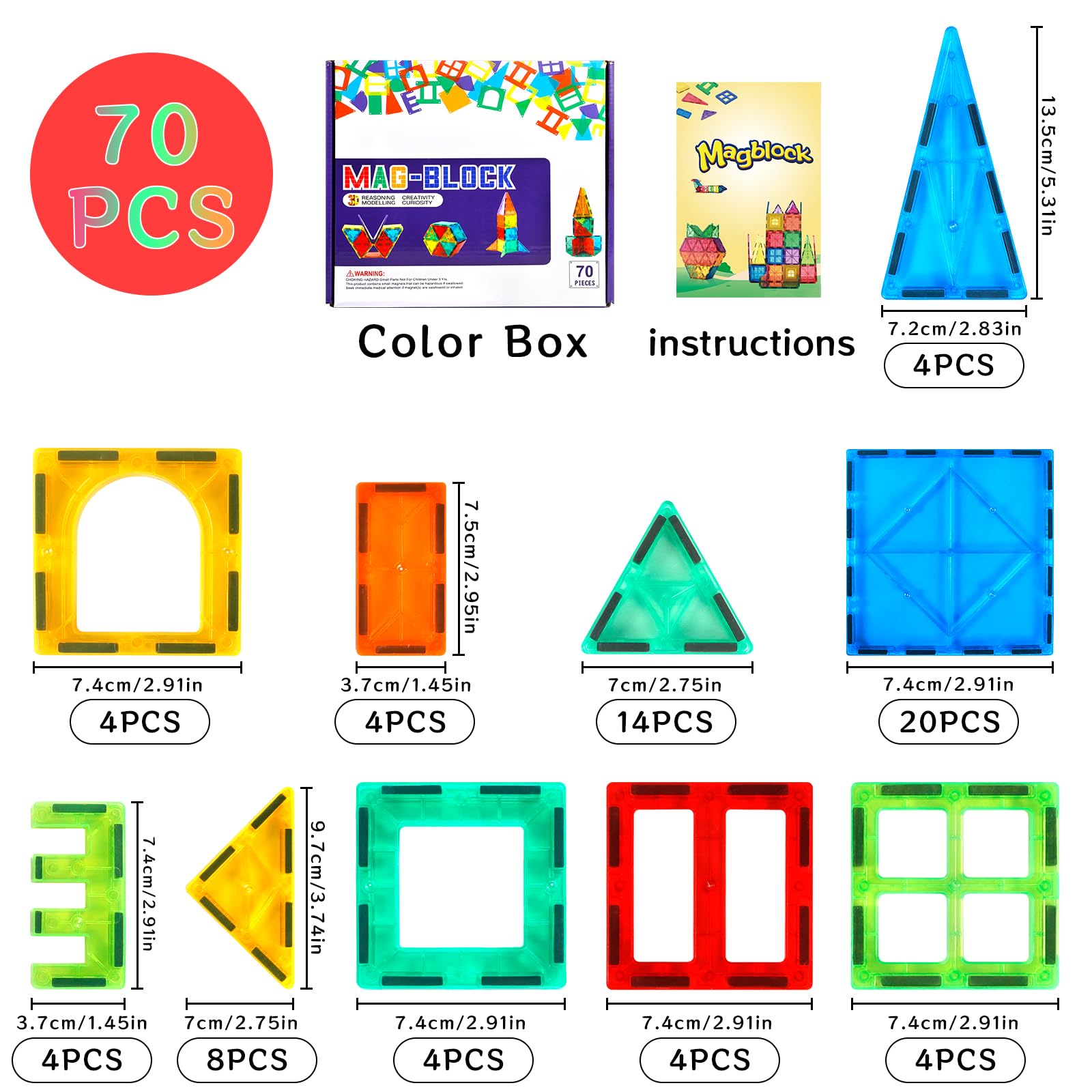 AQXONG 70 Pièces Blocs De Construction Magnétiques – Jouets Éducatifs 3D, Couleurs Vives, ABS Sûr – Dès 3 Ans