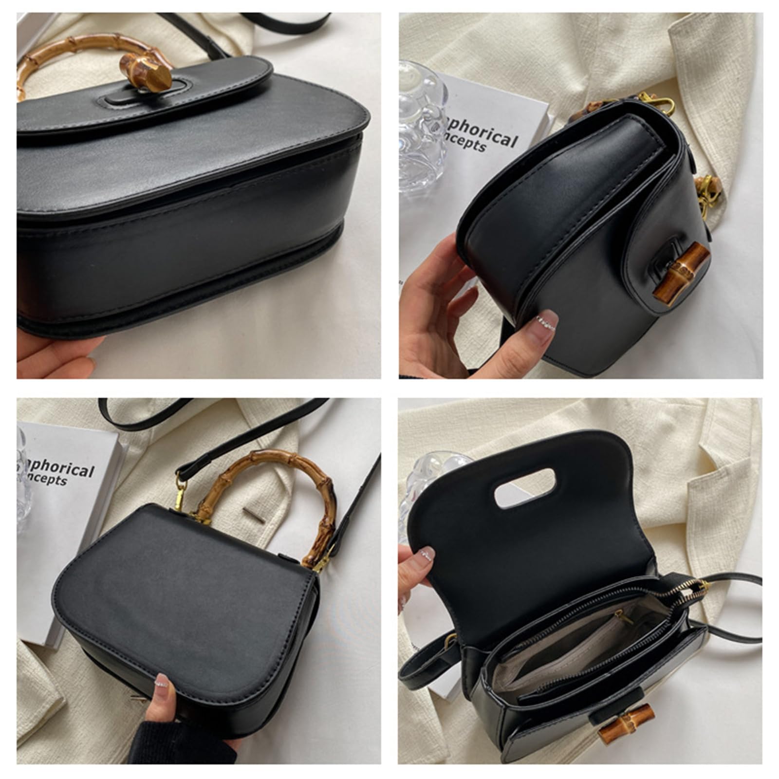 Damen-Leder-Tragetasche, Bambus-Form, Tragegriff oben, Umhängetasche, Vintage, Schultertasche