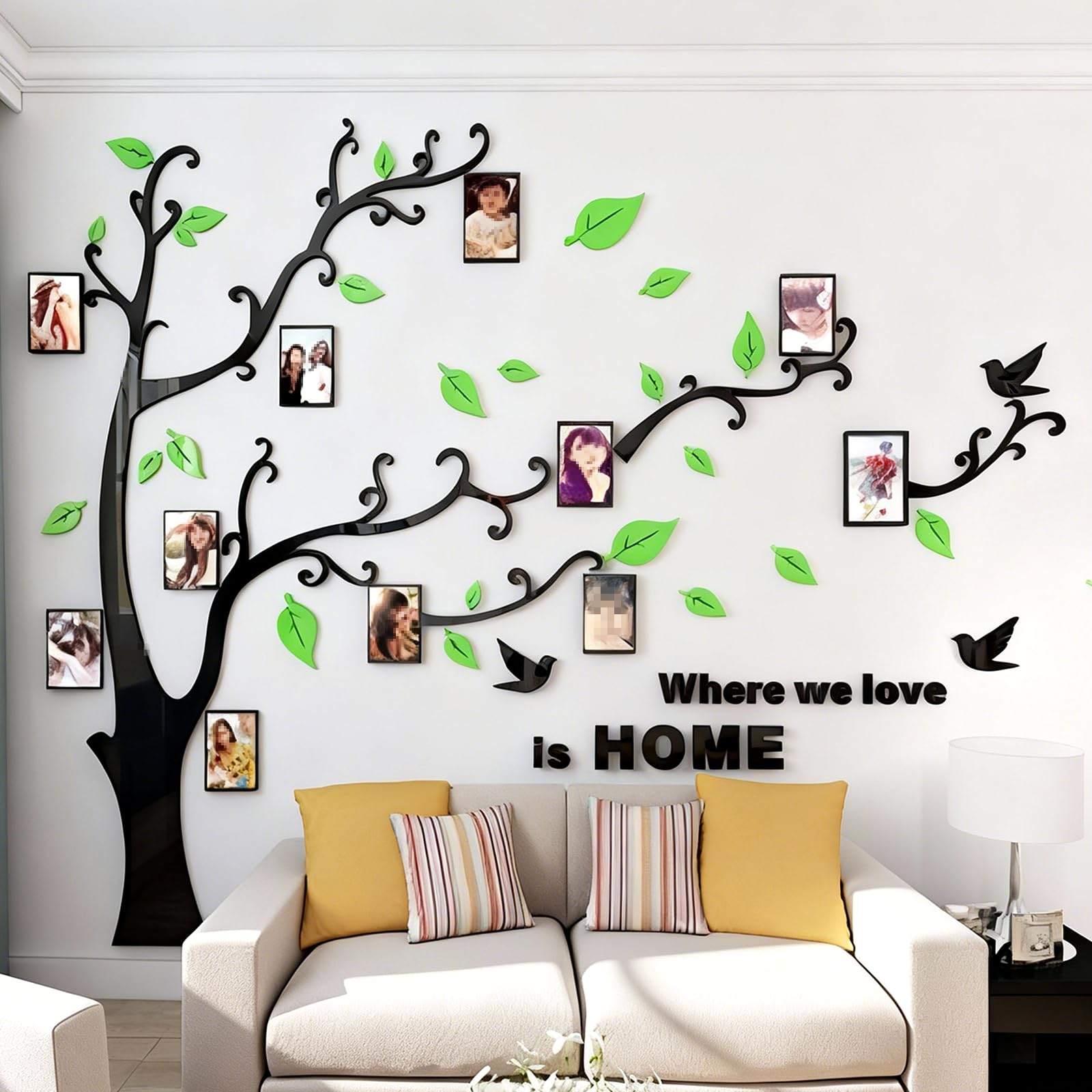 3D Tree Wall Stickers - DIY Photo Frame Tree Wall Decal Family Photo Frame Sticker Murals Wall Décor for Nursery Living Room Bedroom TV Background Home Decorations (XL:10979in, Pale Green Right)