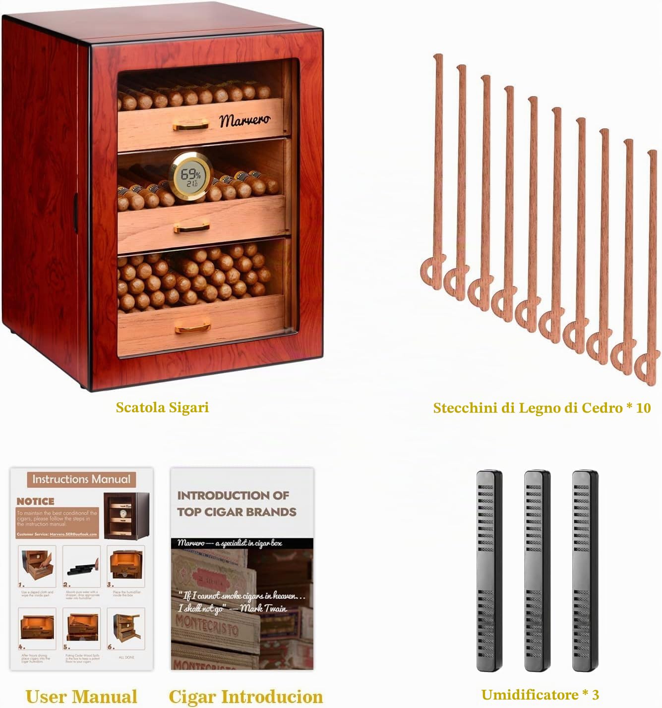 Humidor in Cedro Fatto a Mano, 150 Sigari, Igrometro | 3 cassetti in cedro, doppia porta in vetro, igrometro digitale e umidificatore; armadio artigianale per 150 sigari