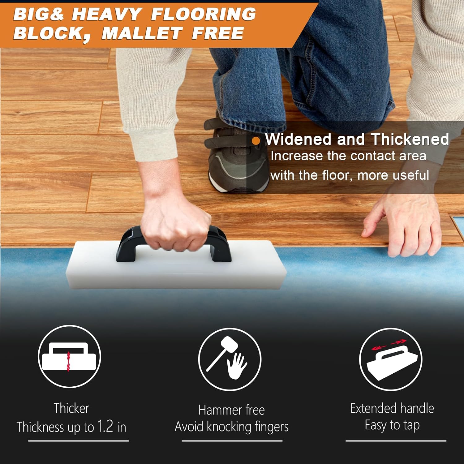 Heavy Duty Flooring Tapping Block - Suitable for Laminate, Vinyl, Hardwood & Engineered Wood - Handle Included, Hammer Free