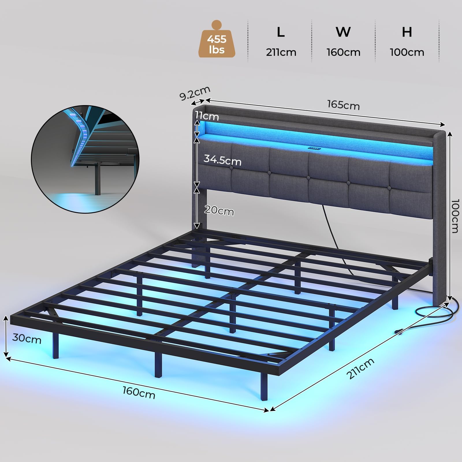 AOGLLATI Letto Matrimoniale 160x200 cm con Effetto Visivo Levitante, Struttura Letto con LED e Stazione di Ricarica, Letto con Testiera Imbottita e Struttura in Metallo, Senza Materasso, Grigio Scuro