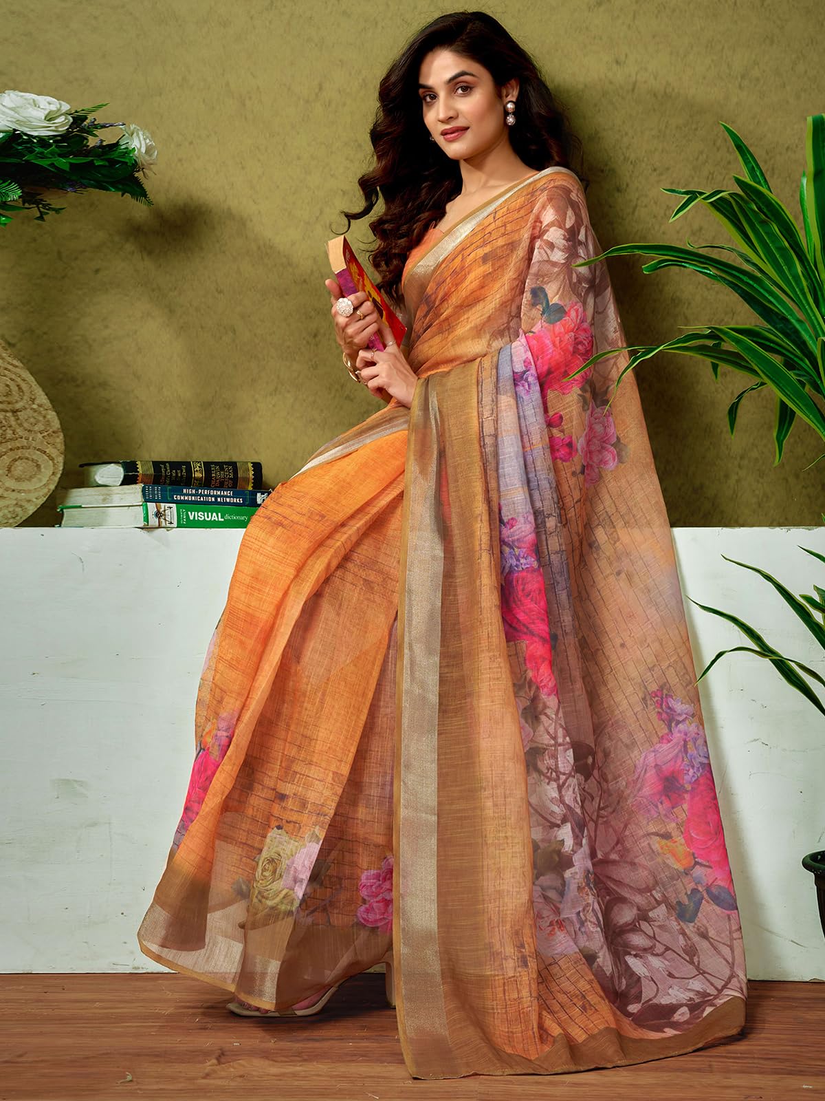 Satrani Women's Linen Zari Border Printed Ready To Wear One Minute Pre Pleated Readymade Saree With Unstitched Blouse Piece (33Rs311N_Dusty Orange)