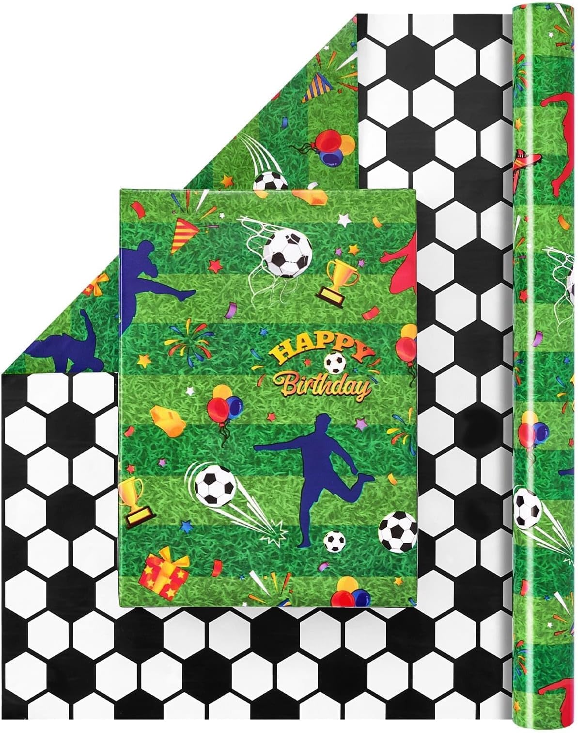 WERNNSAI Soccer Wrapping Paper Roll - 1 Roll 17”x 33 ft Happy Birthday Wrapping Paper Roll Reversible Sports Soccer Print Design Gift Wrap Paper Boys Wrapping Paper Bday Party Favor