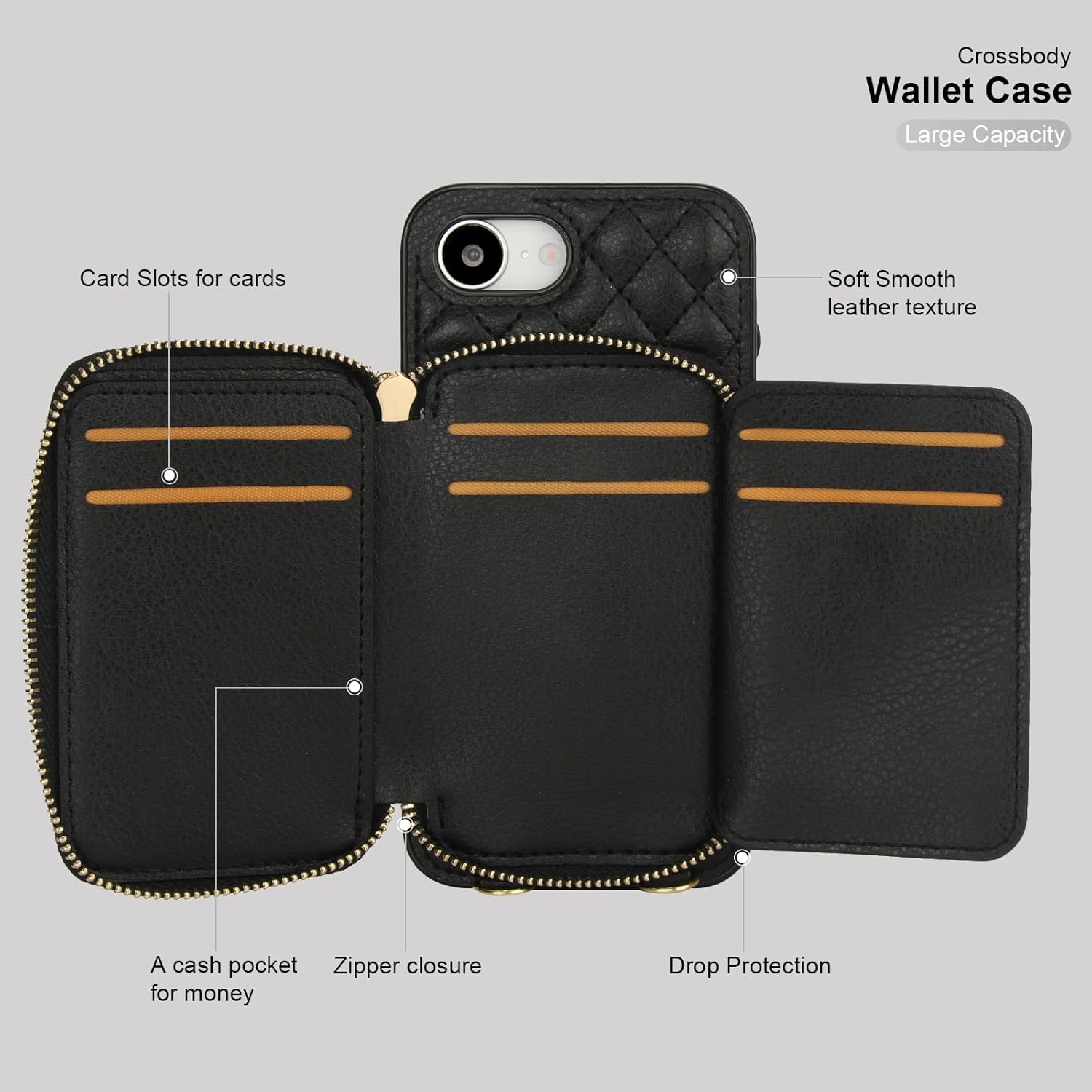 Bocasal Crossbody Wallet Case for iPhone 17e/16e, RFID Blocking PU Leather Zipper Handbag Purse Flip Cover, Kickstand Folio Case with Card Slots Holder Wrist Strap Lanyard 6.1 Inch 5G (Black)