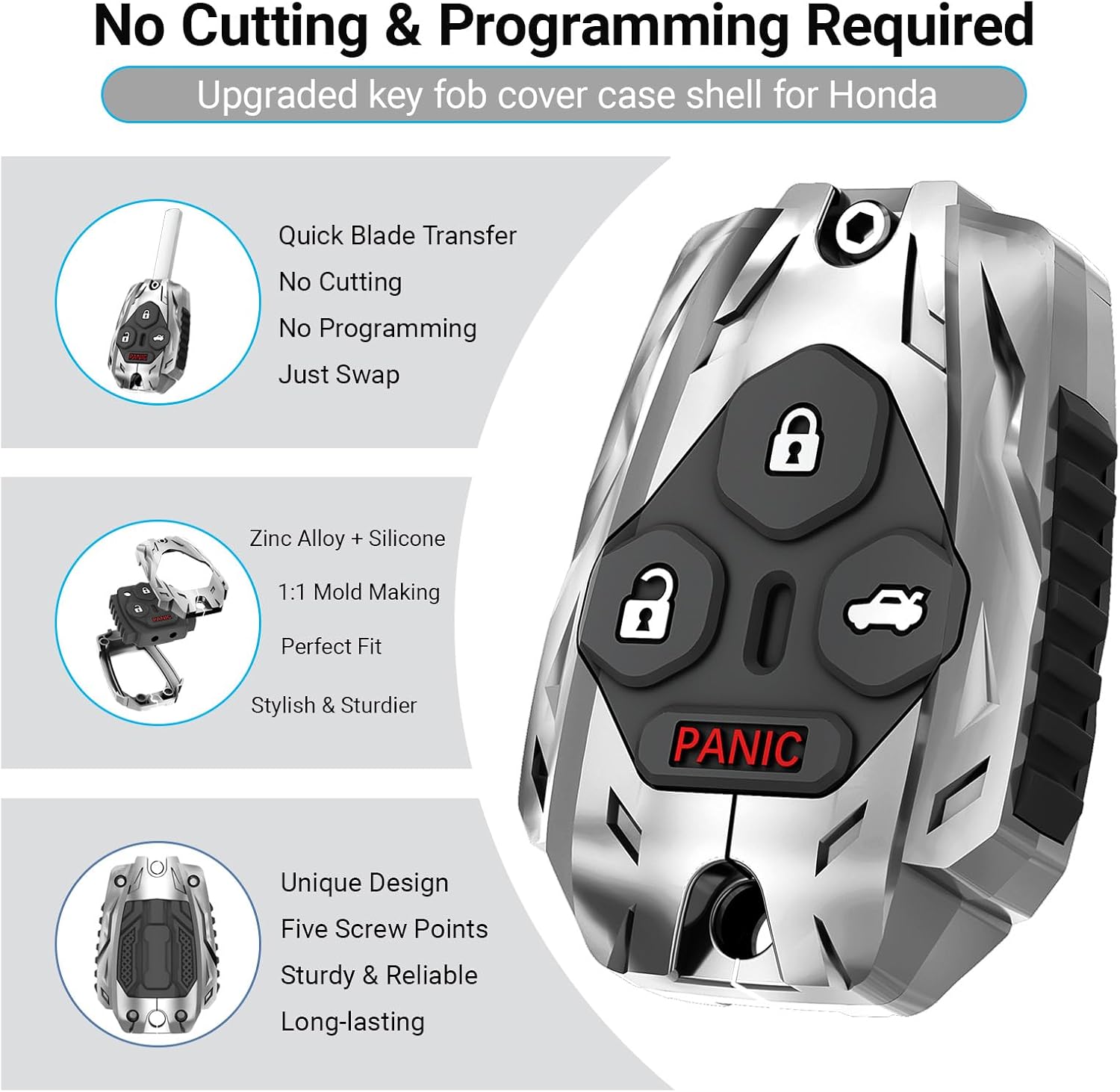 No Cutting Required - Upgraded Heavy Key Fob Cover Case for Honda Zinc Alloy Key Fob Shell for Honda 2003-2012 Accord / 2006-2013 Civic EX / 2009-2015 Pilot /2005-2006 CR-V (4 Button Silver)