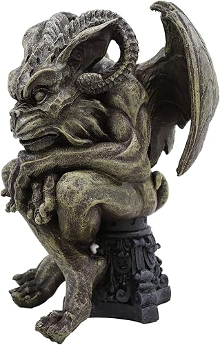 Miniatura 3 de Ebros Gift Gárgola con cuernos de carnero alado sentado en la catedral, estatua de pedestal de 6 pulgadas de alto, Osario de fantasía oscura,
