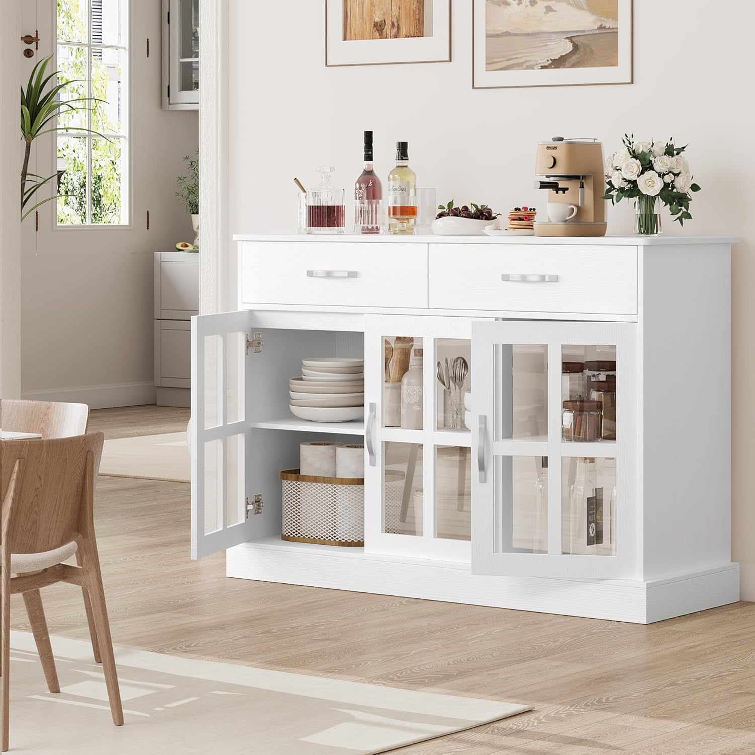 FirFurd Aparador Cocina con 3 Puertas de Cristal, Vitrina Salón, Muebles de Cocina, Aparador Comedor, Armario Buffet con 2 Cajones, Estantes Ajustables, Blanco 120x40x84cm