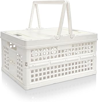 Foldable Small Plastic Baskets with Lids and Handles for Organizing,Collapsible Storage Crates, Stackable Bins for Home Kitchen Bedroom Bathroom Office White, 14 * 10 * 7