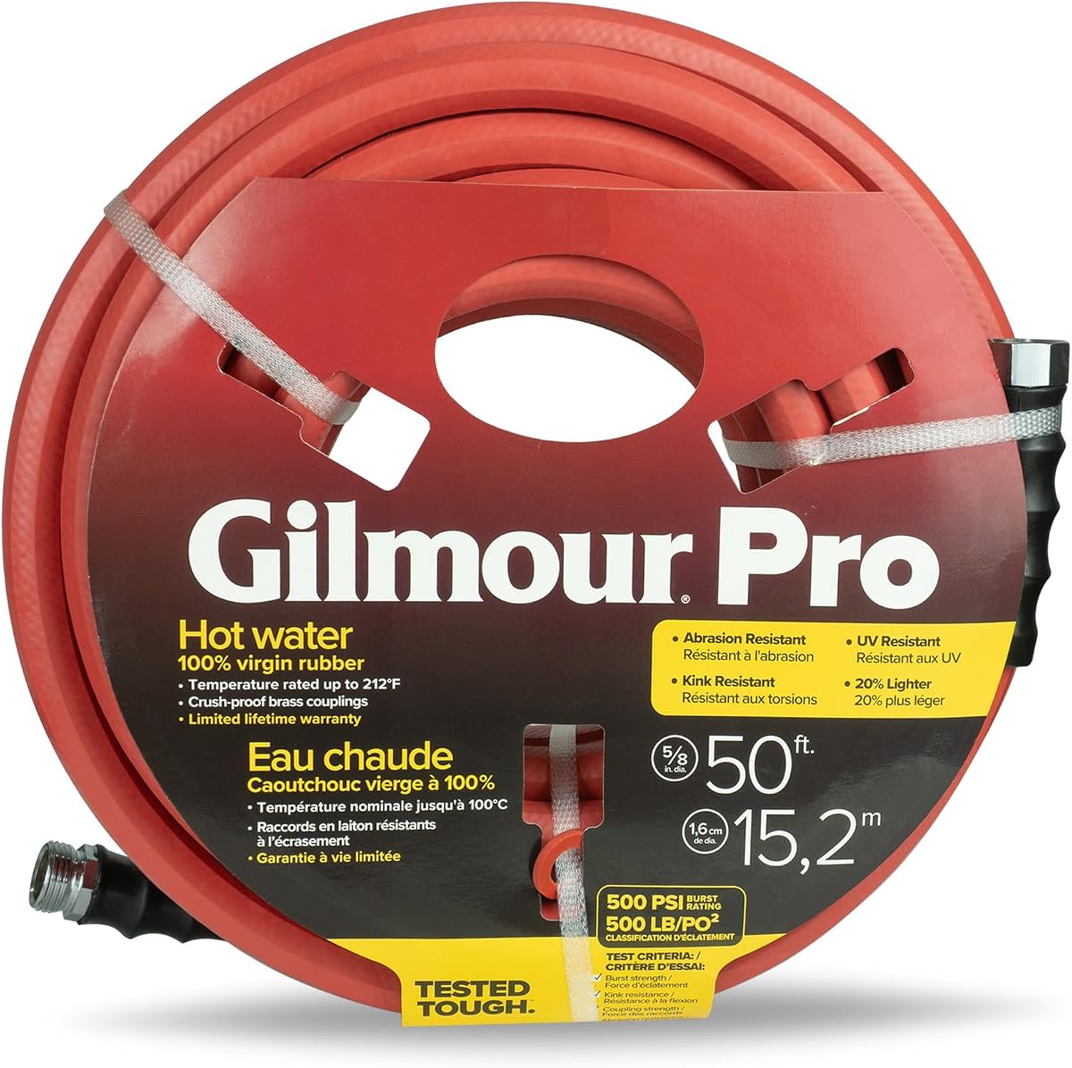 Manguera de jardín de caucho para agua caliente Gilmour Pro – 5/8" x 50', resistente a torceduras, 400 PSI, accesorios de latón, flexible en frío, fabricada en EE. UU.