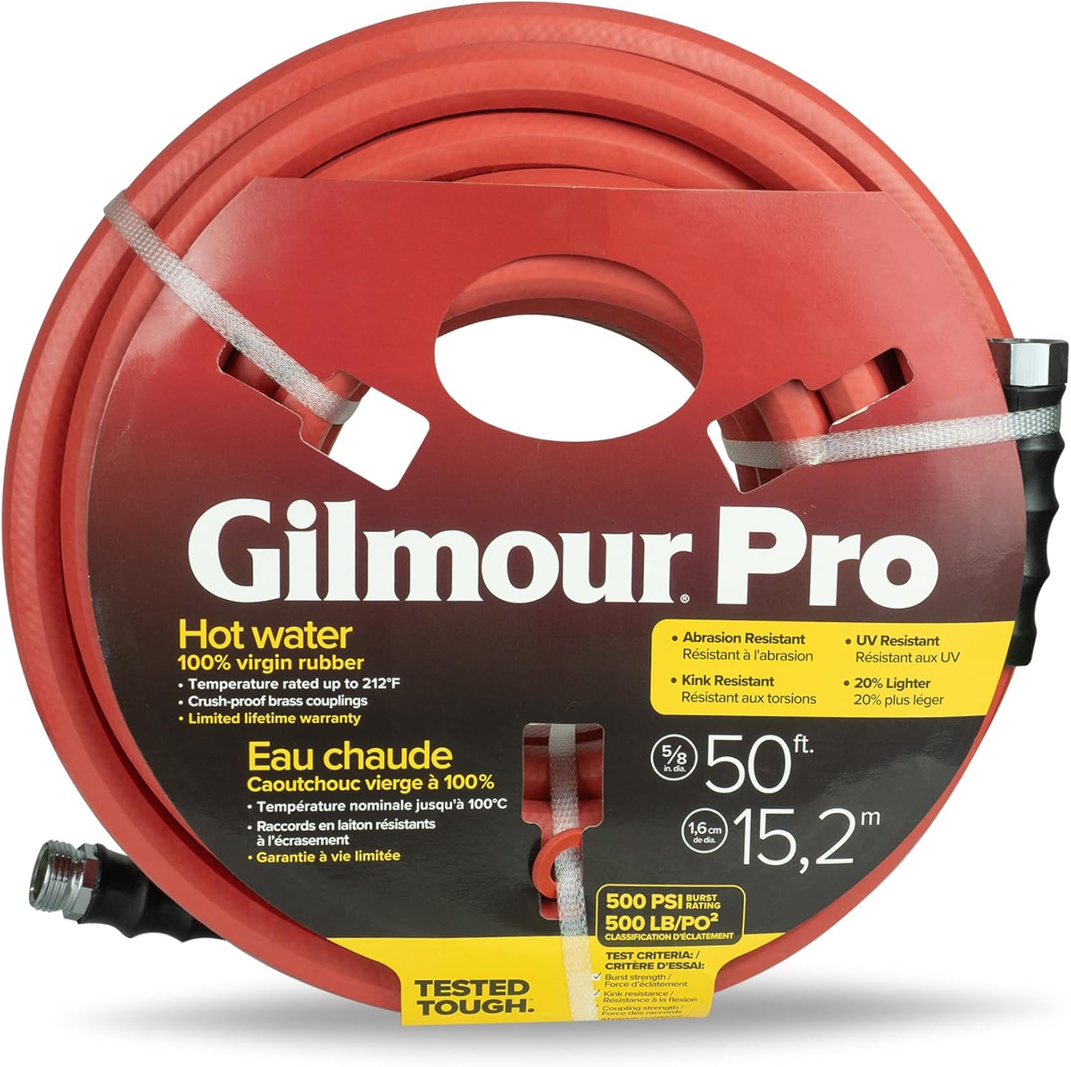Gilmour Pro Rubber Hot Water Garden Hose – 5/8" x 25', Kink-Resistant, 400 PSI, Brass Fittings, Flexible in Cold, USA Made