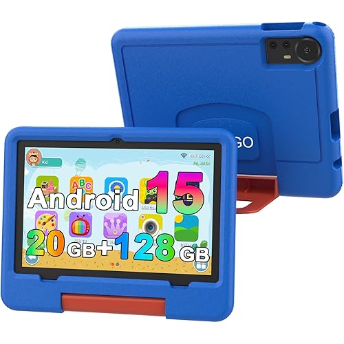 Android 15 Kids Tablet with EVA Case, 10 inch Tablet for Kids, 20GB RAM+128GB ROM/MAX 2TB, 1280 * 800 IPS HD Eye-Care Touch Screen, 2.0GHz Quad-core Toddler Tablets, 5G WiFi6, Widevine L1 Blue