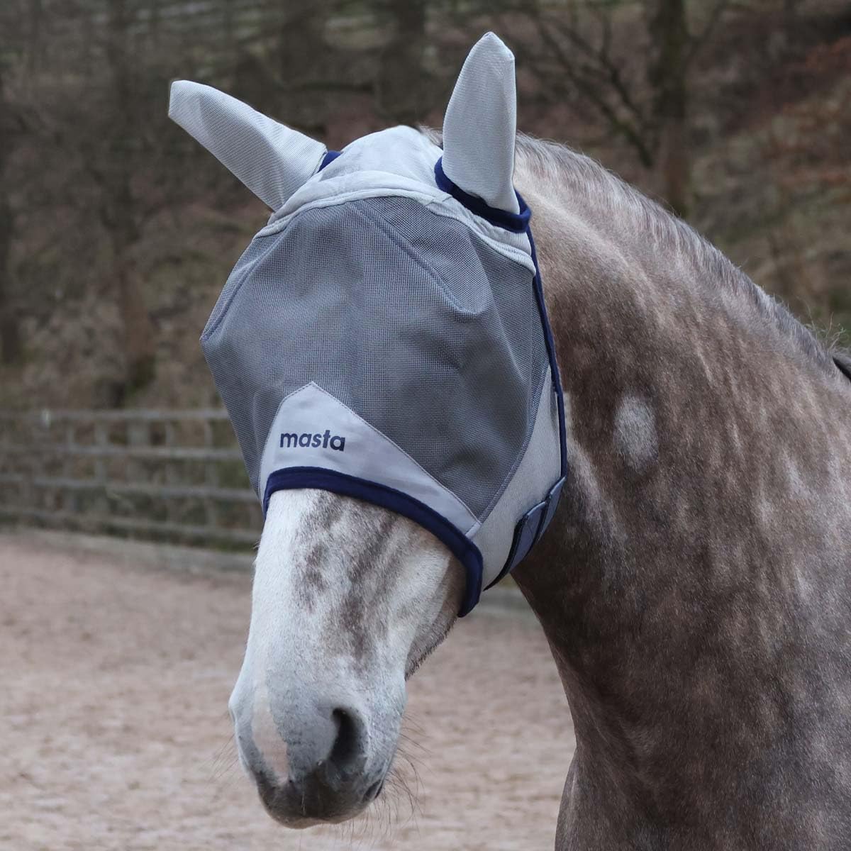 Masta Equine Fly Mask - Enhanced Coverage with Eye Clearance, Robust Mesh, Midge-Proof Ears, UV Shield, Adjustable Fit & Soft Fleece Trim for Horse Comfort, 70% UV Blocking - Small Pony - Grey