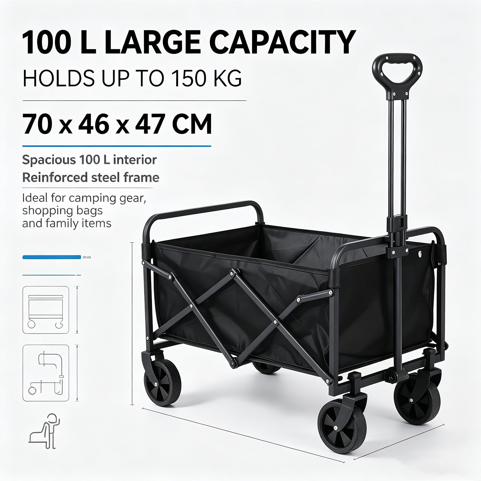 Carro plegable con ruedas, 100 L, soporta hasta 150 kg