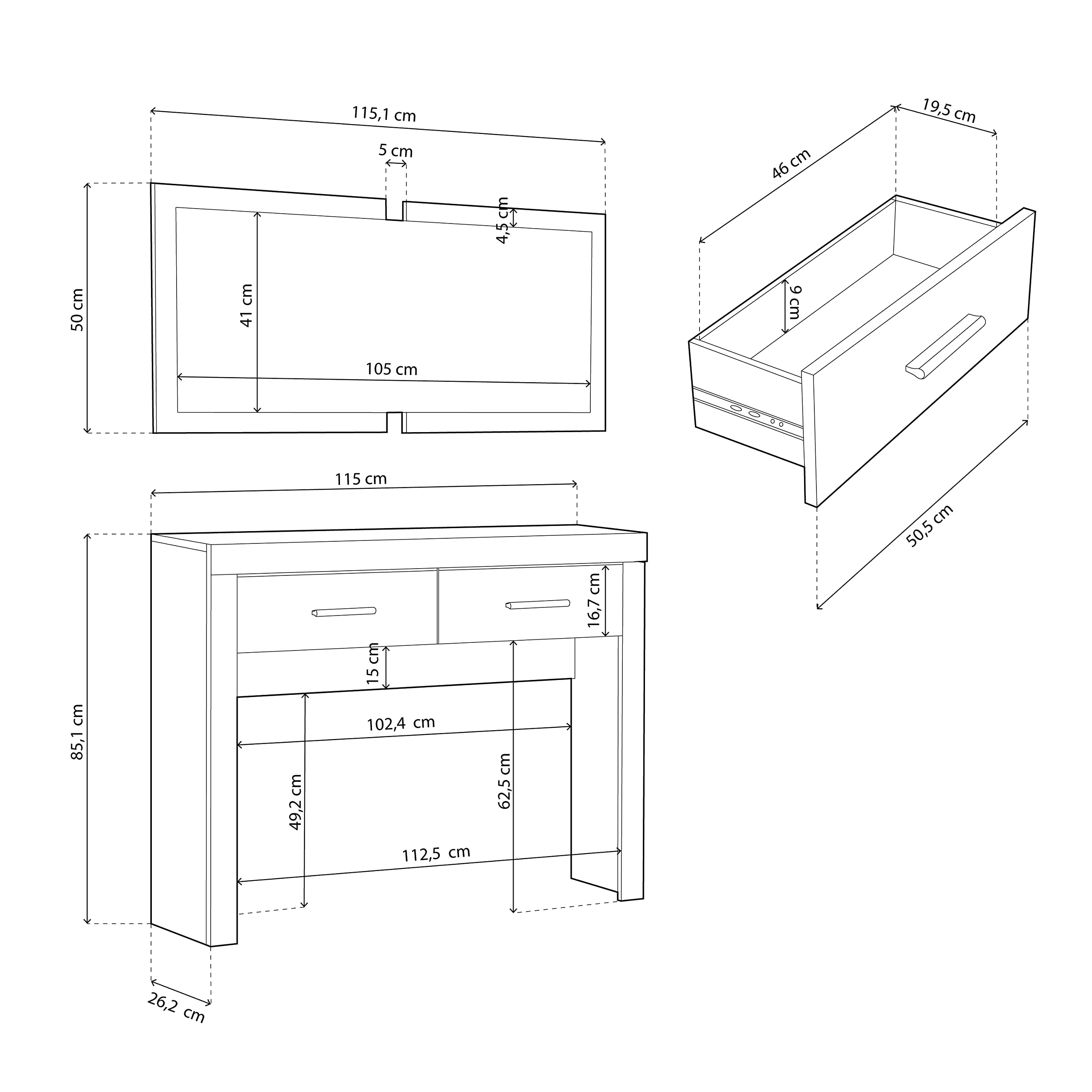 duehome | Recibidor Dos cajones y Espejo, Mueble de Entrada Acabado en Cambria y Blanco, Modelo Nuka, Medidas: 115 cm (Largo) x 26 cm (Fondo) x 85 cm (Alto)