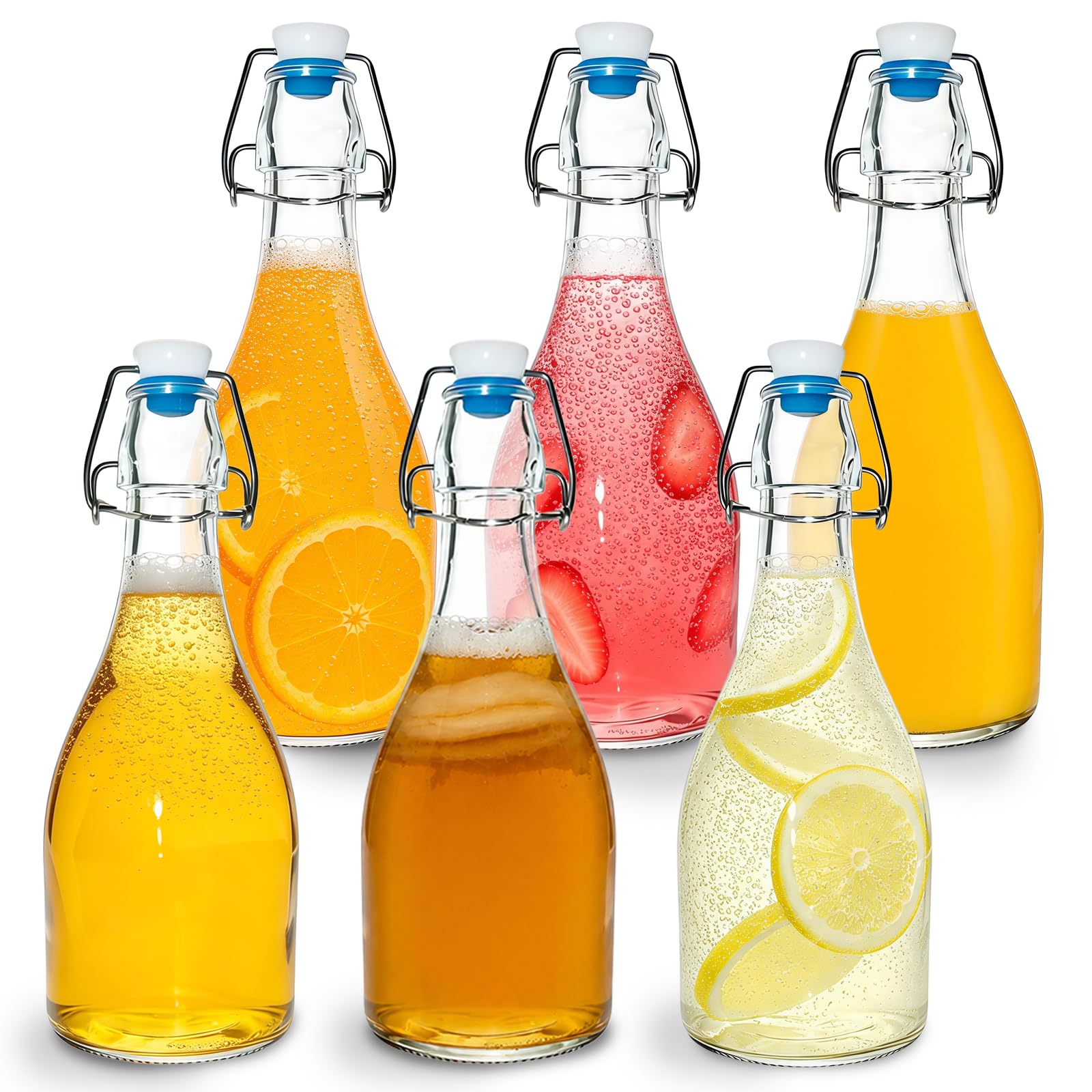 NBOUOU Glass Bottles with Lids Stoppers 6 Set, Small Glass Juice Bottles 500 ml, For Oil, Wine, Vinegar, Alcohol, Vodka, Beer Water Bottles with Leakproof