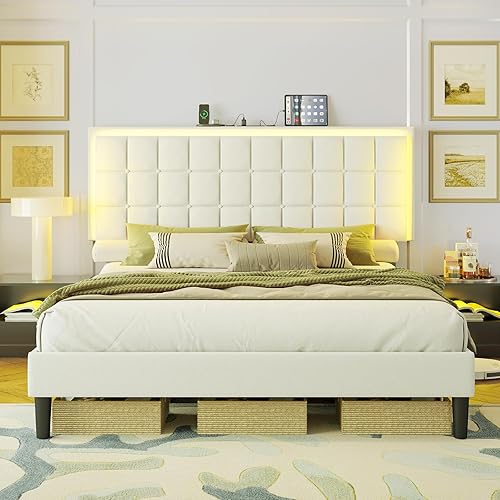 Miniatura 9 de AMERLIFE Base de cama con plataforma capitoné con botones y luces LED, base de cama tapizada con estación de carga, soporte de listones de madera,