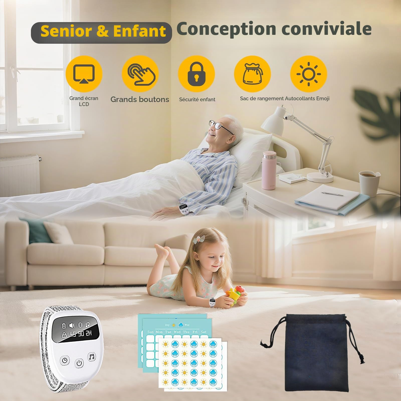 Alarme d'énurésie nocturne sans fil pour enfants et adultes, alarme d'énurésie au lit rechargeable pour enfants, dispositif d'apprentissage de la propreté nocturne pour garçons et filles, dispositif