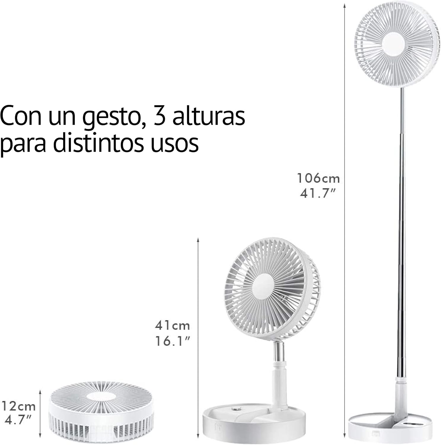 Image showing the fan's three adjustable heights: 12cm (folded), 41cm (desk), and 106cm (standing).