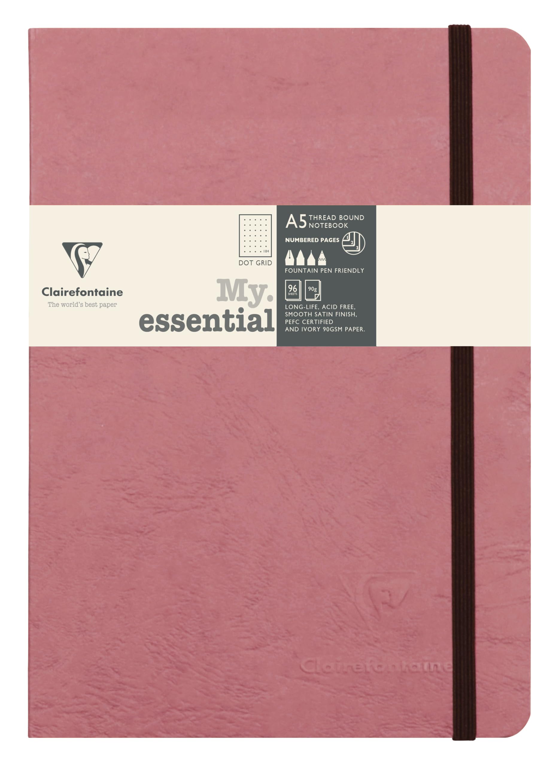 Clairefontaine 793436C Age Bag Collection My.Essential Antique Rose Stitched Notebook - A5 14.8x21cm - 192 DOT Pages - 90g Ivory Paper - Leather Card Cover